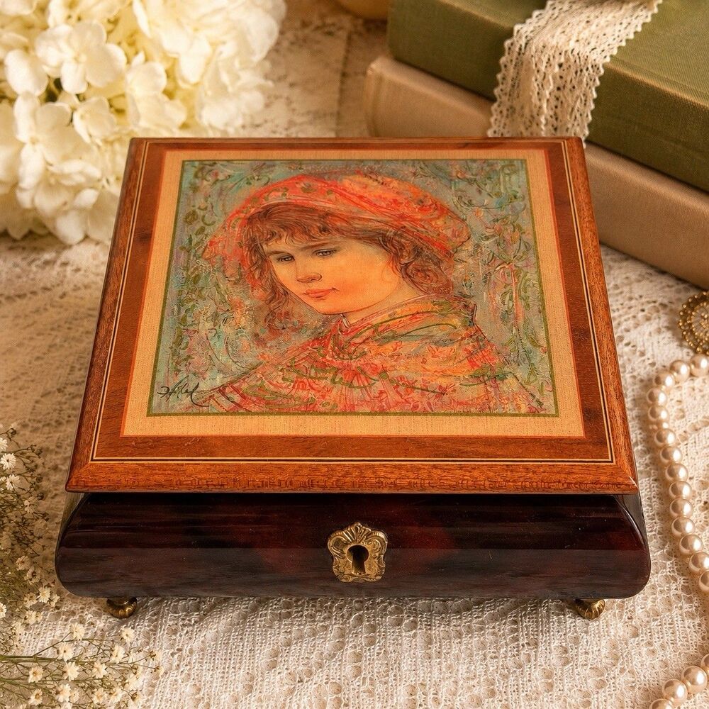 Vintage Edna Hibel Reuge Swiss Music Jewelry Box Italian Wood Plays Toy Symphony